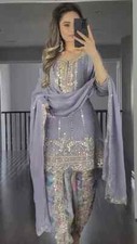 Festival Wear Faux Georgette Gray Top And Dhoti With Dupatta For Women  Girls
