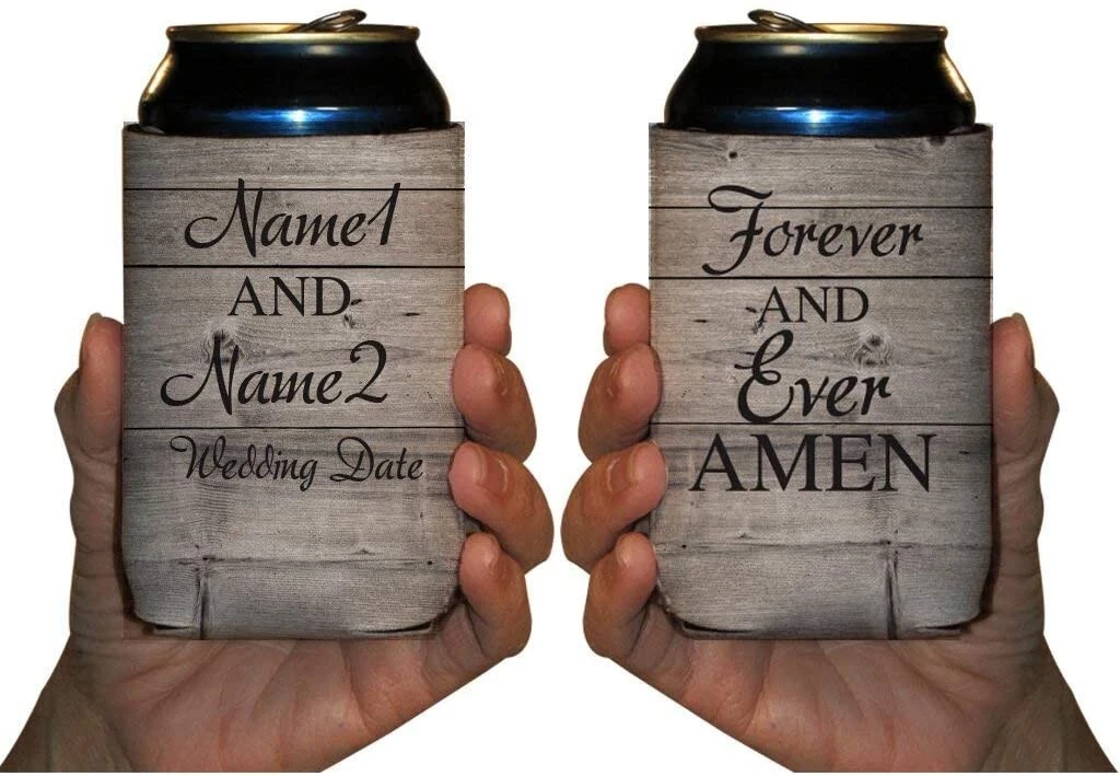 Custom Wedding Can Coolers, Rustic Forever and Ever Amen, Set of 100 Can Coolers