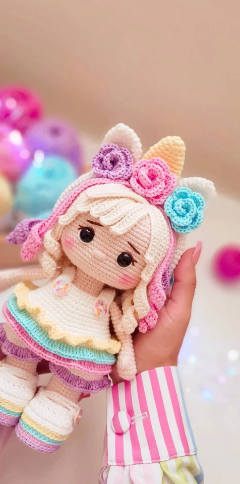 Плюшевая кукла девочка-единорог — 25 см кукла ручной работы Amigurumi с рожком и ушами - Изображение 2 из 2