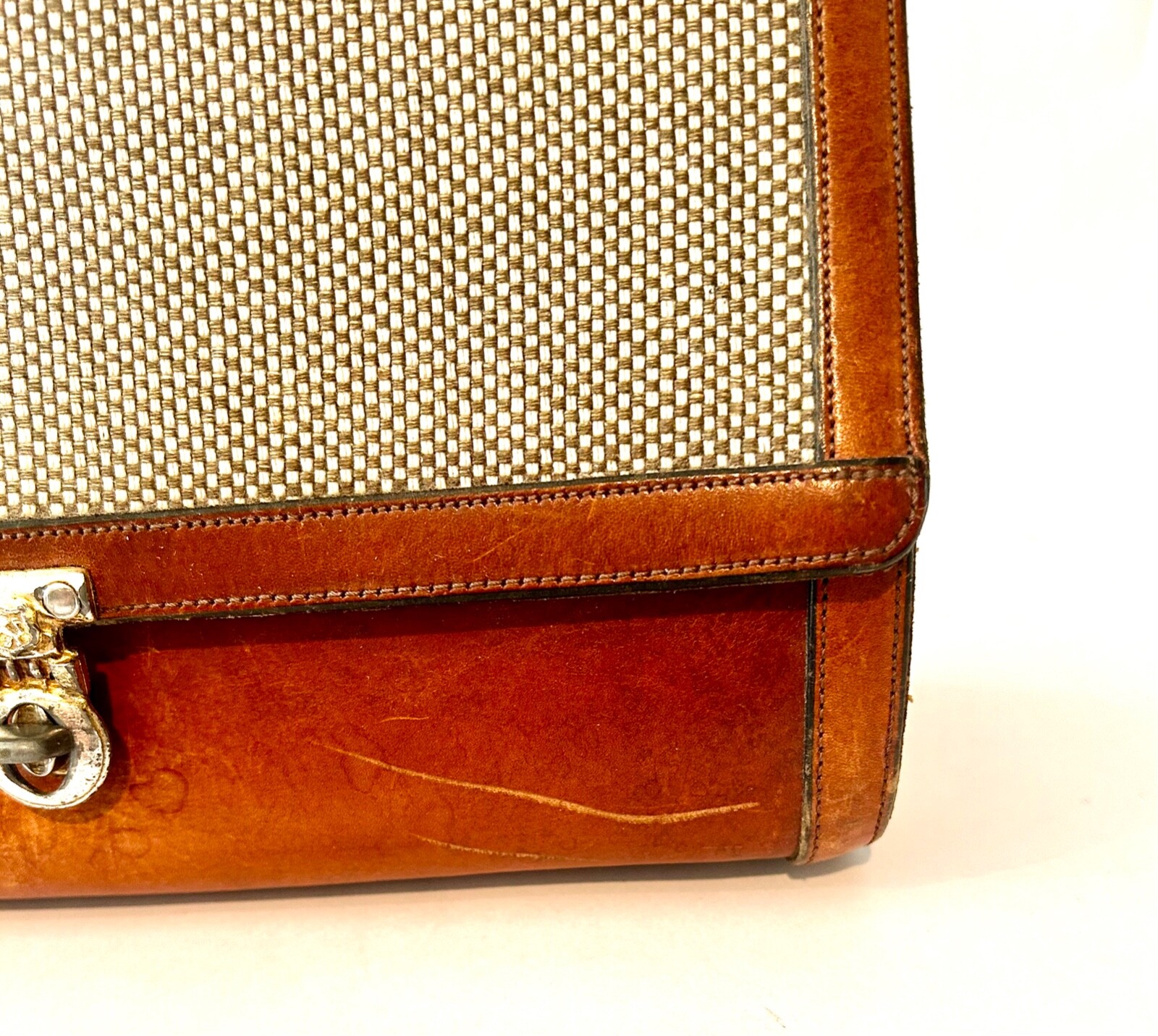 Vintage John Romain 1960s Brown Leather Tweed Satchel… Gem