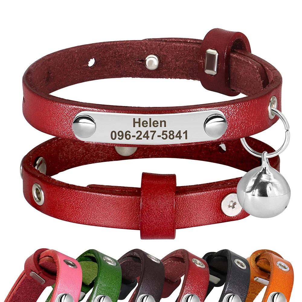 Personalized Dog Cat Leather Collar Pet Puppy Kitten Name Number Engraved Bell