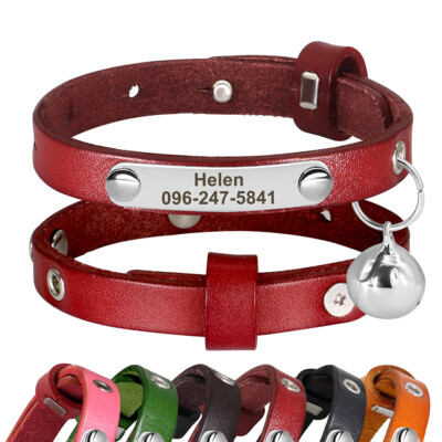 Personalized Cat Collar Soft Leather with Bell Custom Name ID Tag for Neck 6-9''