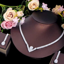 Cubic Zirconia Water Drop Necklace Earrings Jewelry Set for Brides Dancing Party
