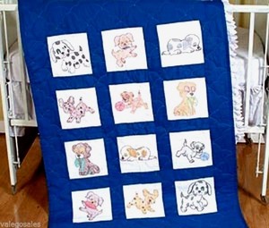 Jack-Dempsey-Stamped-Embroidery-Kit-PUPPIES-Quilt-Blocks-9-034-Set-of-12-300-24