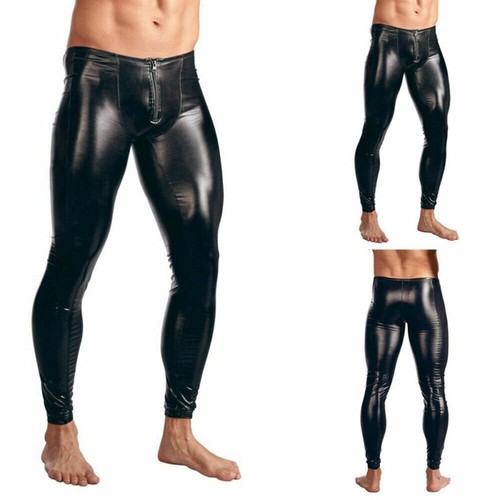 Black Tight Leggings Clubwear PU Leather Pants with Pouch Zip for Men's Fashion - Picture 5 of 27