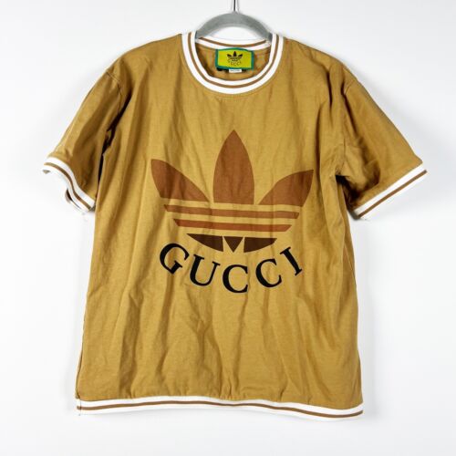 Gucci Adidas Trefoil Logo Graphic Print Cotton Crew Neck Short Sleeve Shirt Tan - Picture 1 of 4
