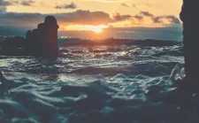 Landscape nature sun sunset waves rocks clouds sea Custom Gaming Mat Desk