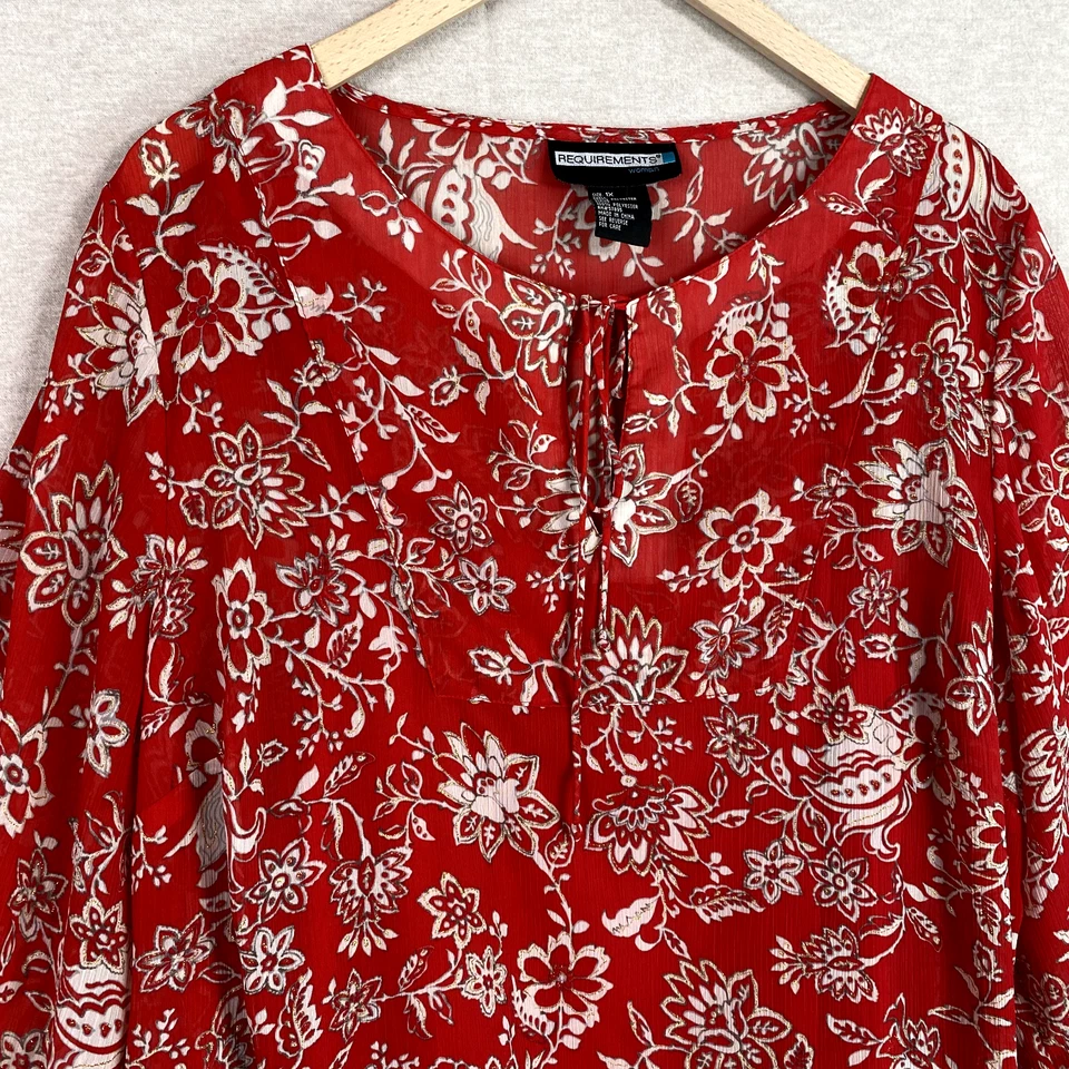Requirement Women Red Floral Popover Top Size 1X Flare Sleeve Boho Office Career - Image 2 of 4