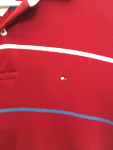 Tommy Hilfiger Polo. Rot mit Streifen. Gr. LG. Vintage Style, Rugby. - Bild 3 von 4