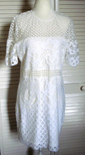AQUA Women White Lace Party Cocktail Dress Size L Short Sleeves Lined
