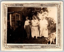Vtg B&W Snapshot Group Women & Dog At Cottage 1920s
