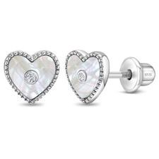 Simulated Mother of Pearl Heart Children's Earrings Screw Back - Sterling Silver
