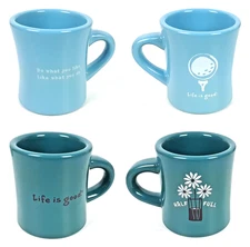 Life Is Good Golf Half Full Mugs Coffee Cups Diner Style Blue Teal Green (2)