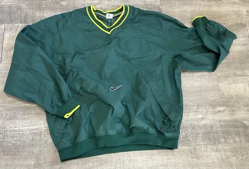 Vintage Nike 90s Center Swoosh Pullover Nylon Windbreaker Green Yellow XL