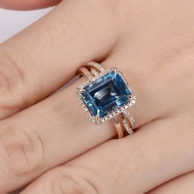 2Ct Emerald Cut Lab-Created London Blue Halo Bridal SetRing 14K Rose Gold Plated