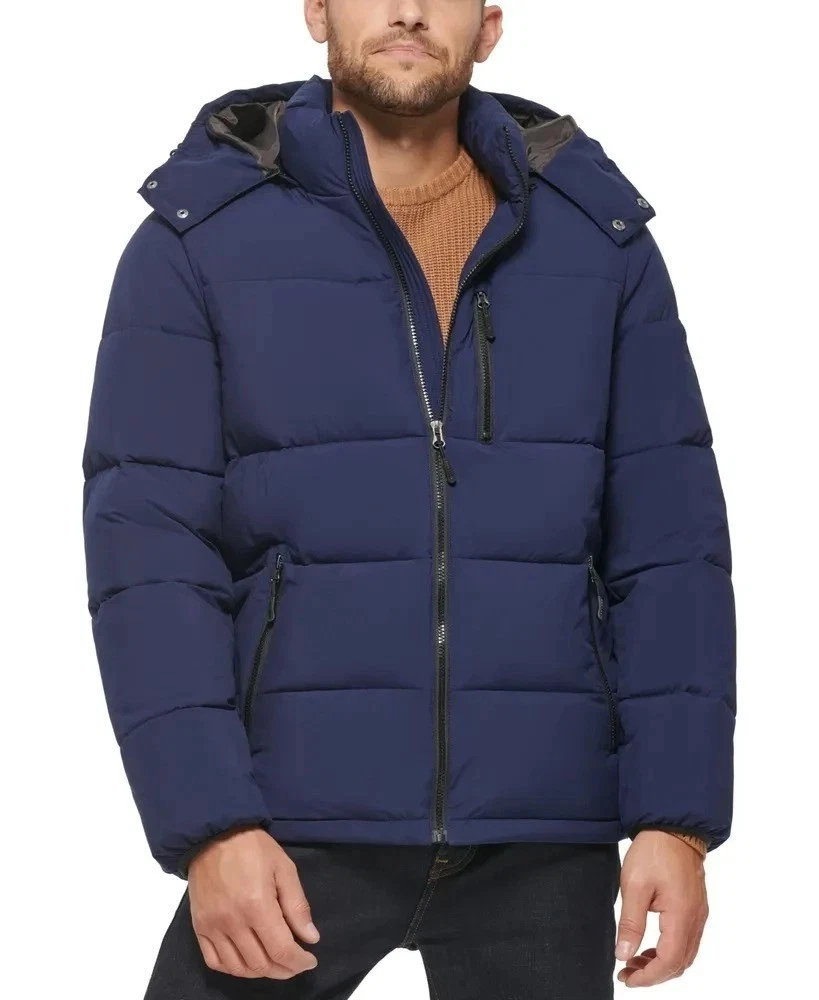 $150 Club Room Men's Stretch Hooded Puffer Jacket, Navy, XL