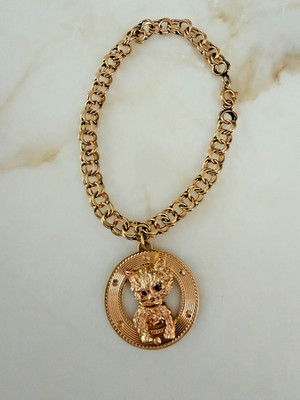 14k Gelbgold massives Doppelglied 7'' Armband mit Kätzchen Charm Vintage