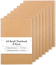 8 Pack A5 Kraft Notebooks, 60 Lined Blank Pages Travel Journal Bulk, Soft Cover