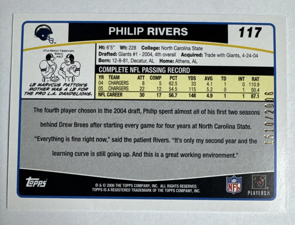 2006 Topps - Philip Rivers Gold Border /2006 San Diego Chargers Card #117 - Image 2 of 3