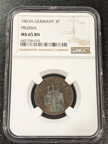 1863 MS65 BN Germany Prussia 3 Pfennig NGC KM 482 Top Pop Wilhelm I