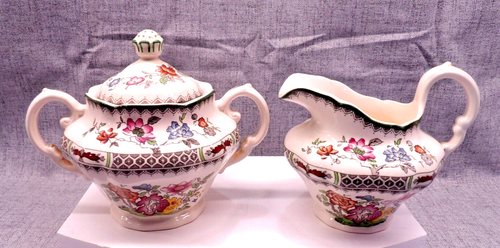 Spode Chinese Rose Footed Creamer & Covered Sugar Bowl Set Dinnerware England