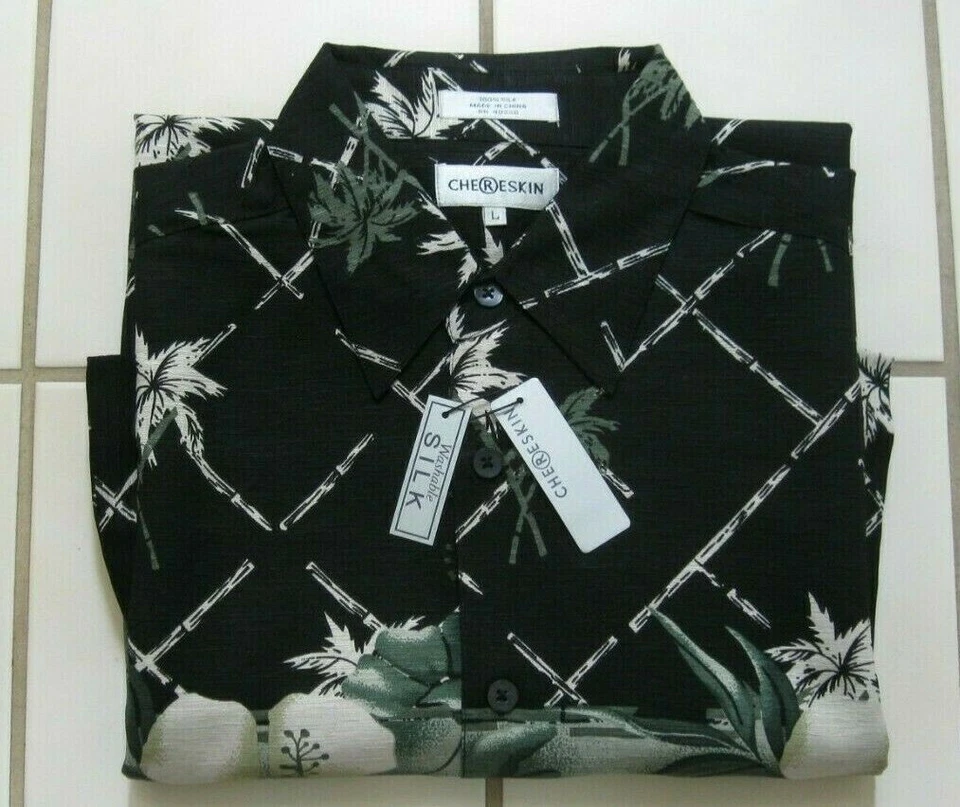 CHERESKIN Multicolored Palm Silk Men's Shirt Short Sleeve Pocket size L, New - Image 2 of 4