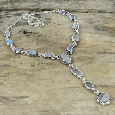 Moonstone Rough Copper Electroformed Silver Plated Adjustable Necklace 18.0''