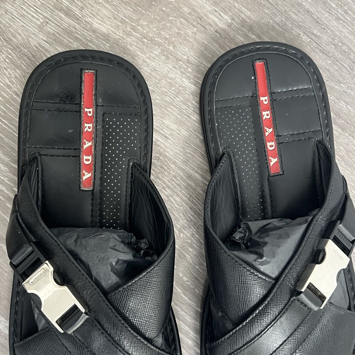 Prada Men's Sandals Saffiano Leather Crisscross Slides Size Prada Men's Sandals Saffiano Leather Crisscross Slides Size