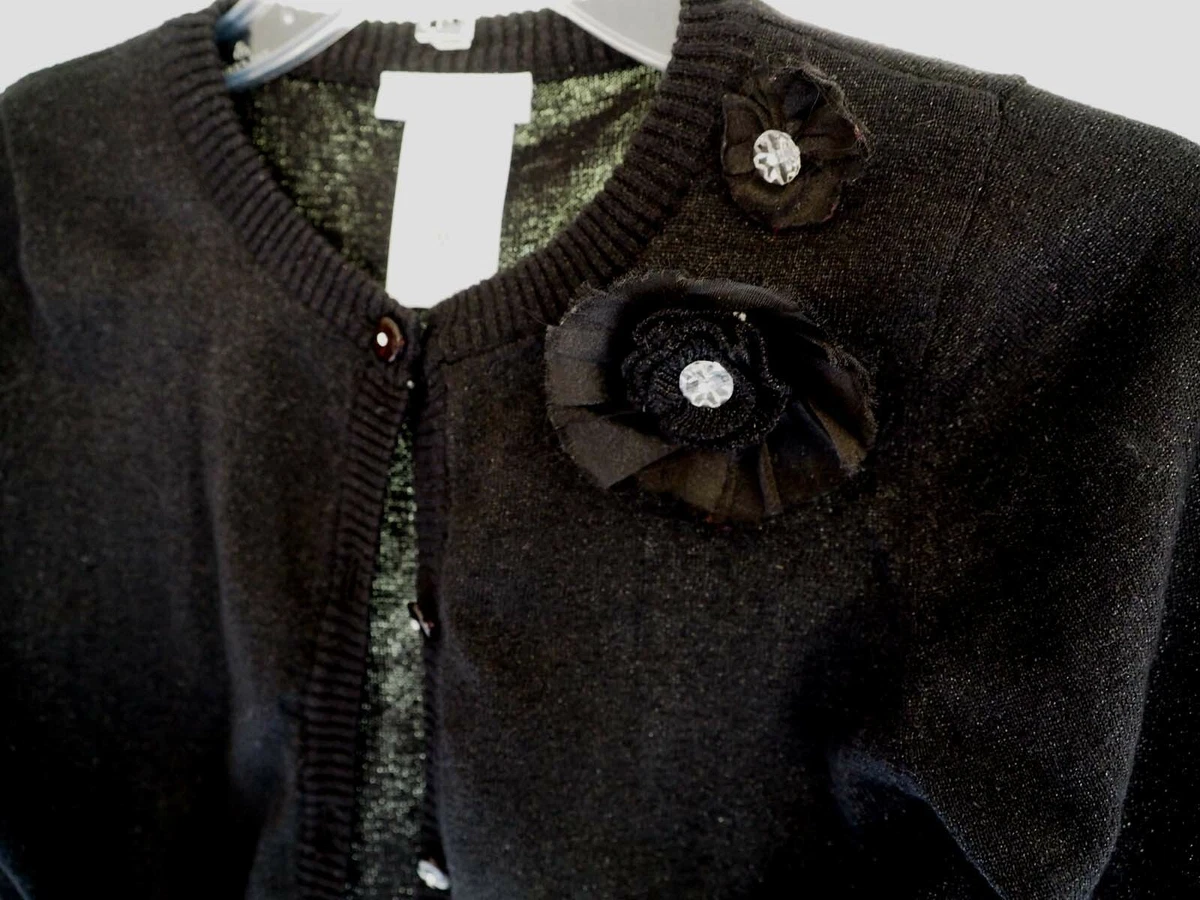 EXCEL Girl Black Cardigan Sweater Flower Crystal Embellishment Bonnie Jean Sz M