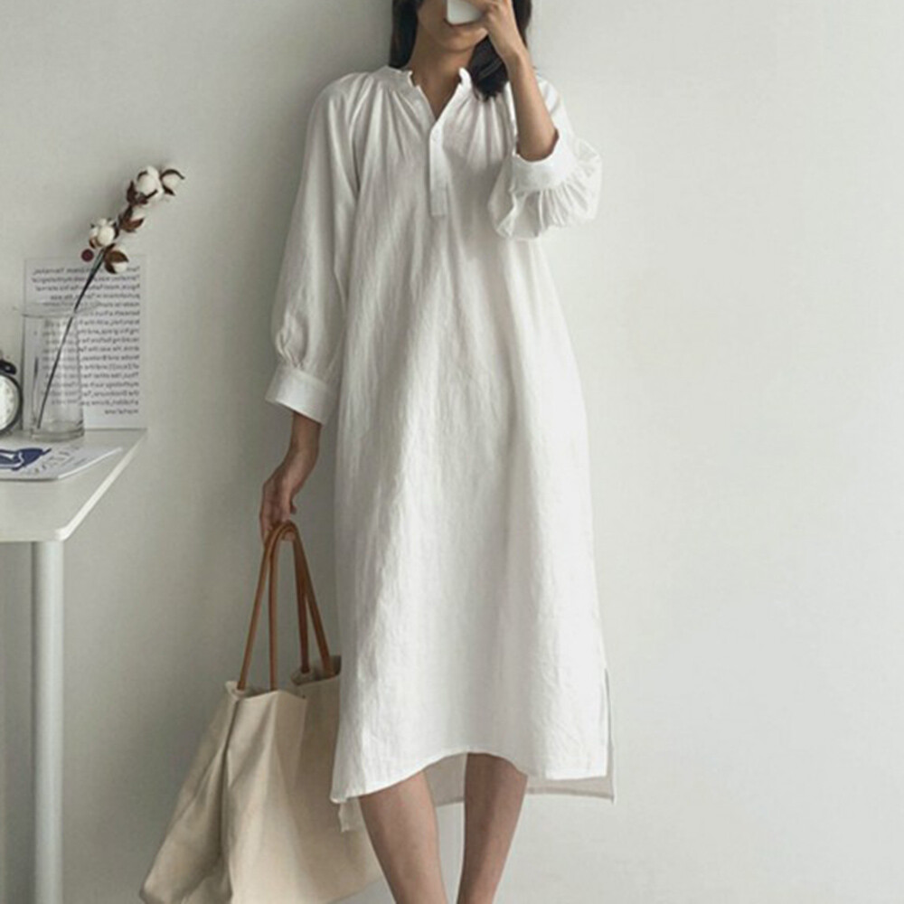 pocket loose dress Generic Womens Cotton Linen Dresses 3/4 Sleeve Maxi Dress V Neck Button Up  Dress with Pocket Loose Fit Summer Wear