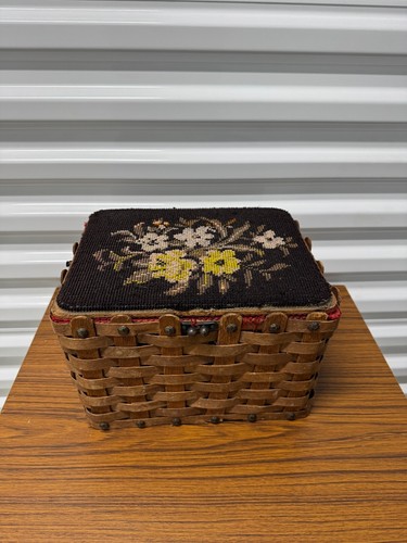 Vintage Wicker Sewing Box/basket With Embroidered Top