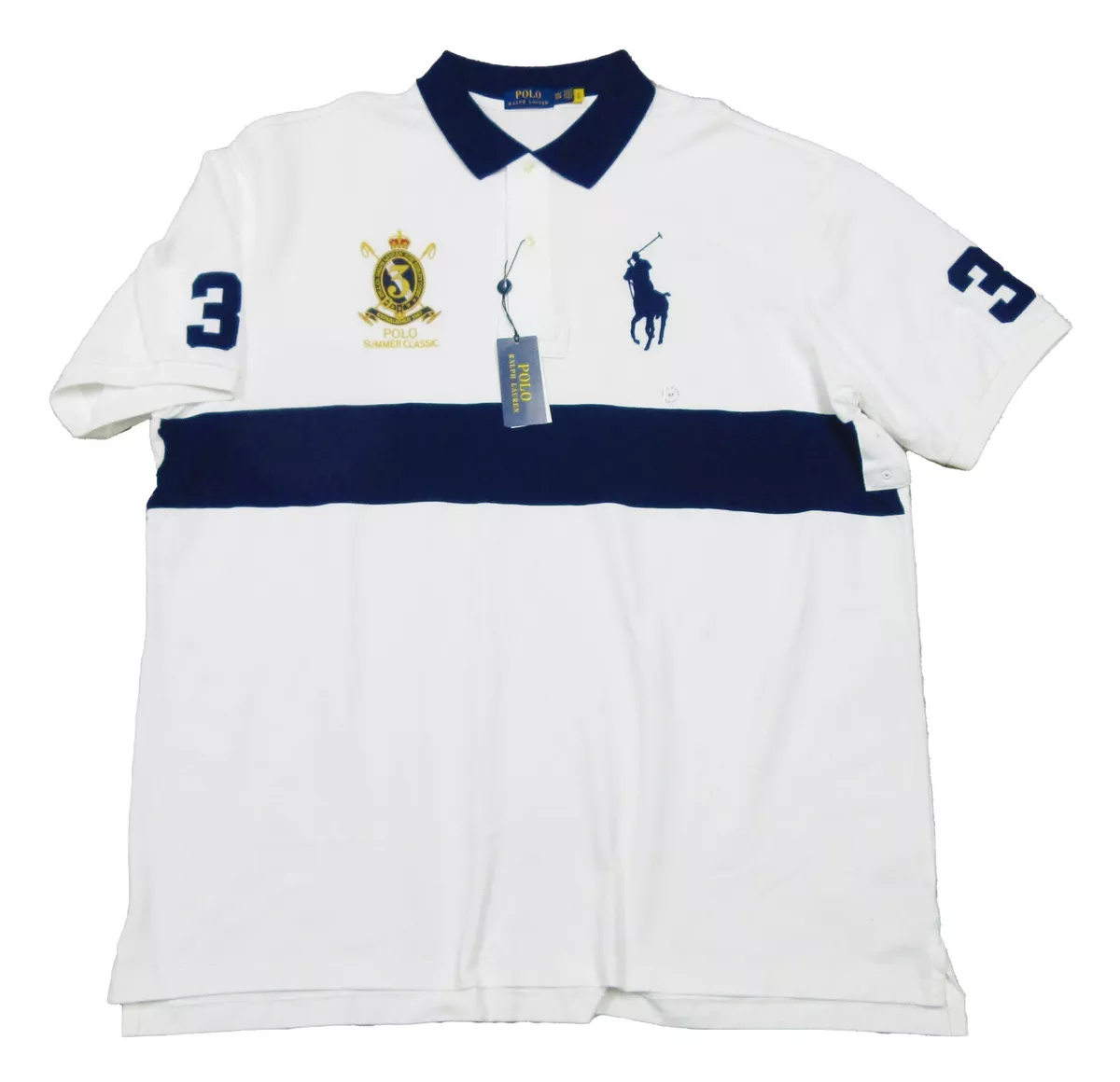 Polo Ralph Lauren Big Tall White Big Pony Crest Stripe Panel Mesh Polo Shirt