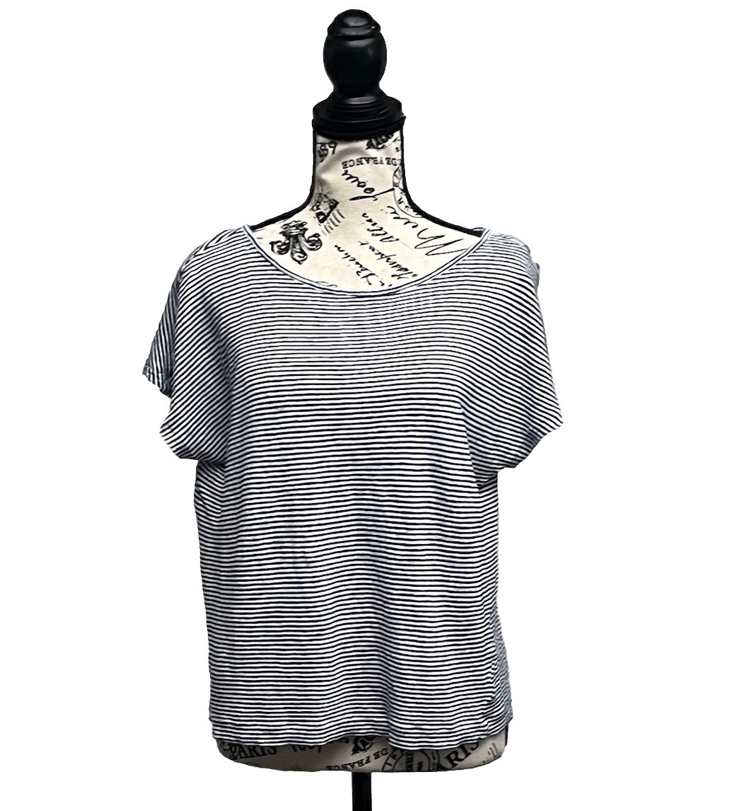 Tahari Shirt V Neck 100% Linen T-Shirt Striped Sz Large Nautical