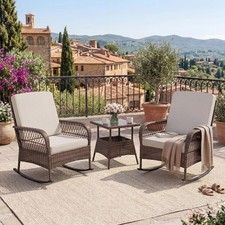 Outdoor Rocking Chair Set with Metal Frame Cushions & Glass Side Table 3 PCS