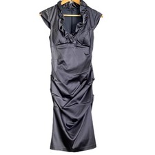 XScape Joanna Chen Slate Blue Stretch Satin Ruched Bodycon Cocktail Dress Size 2