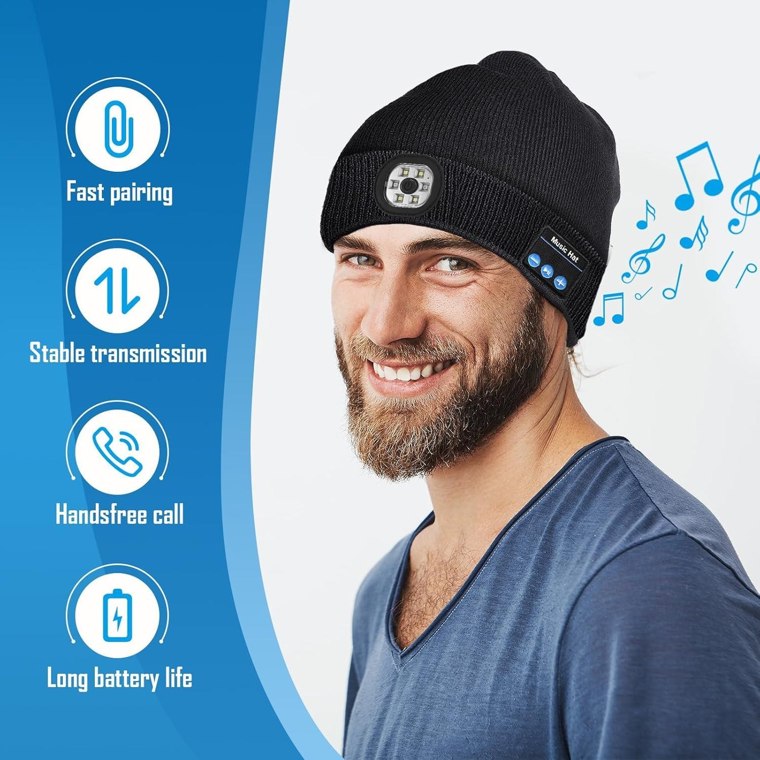 Beanie Hat Built-in Bluetooth Wireless Headphones & Torch Rechargeable Black