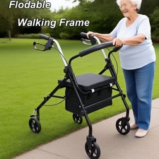 Folding 4 Wheels Rollator Mobility Elderly Disablity Aid Walker W/ Padded Seat
