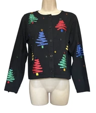 Michael Simon Lite Ribbon Tree Christmas Cropped Cardigan Bead Details Sz S
