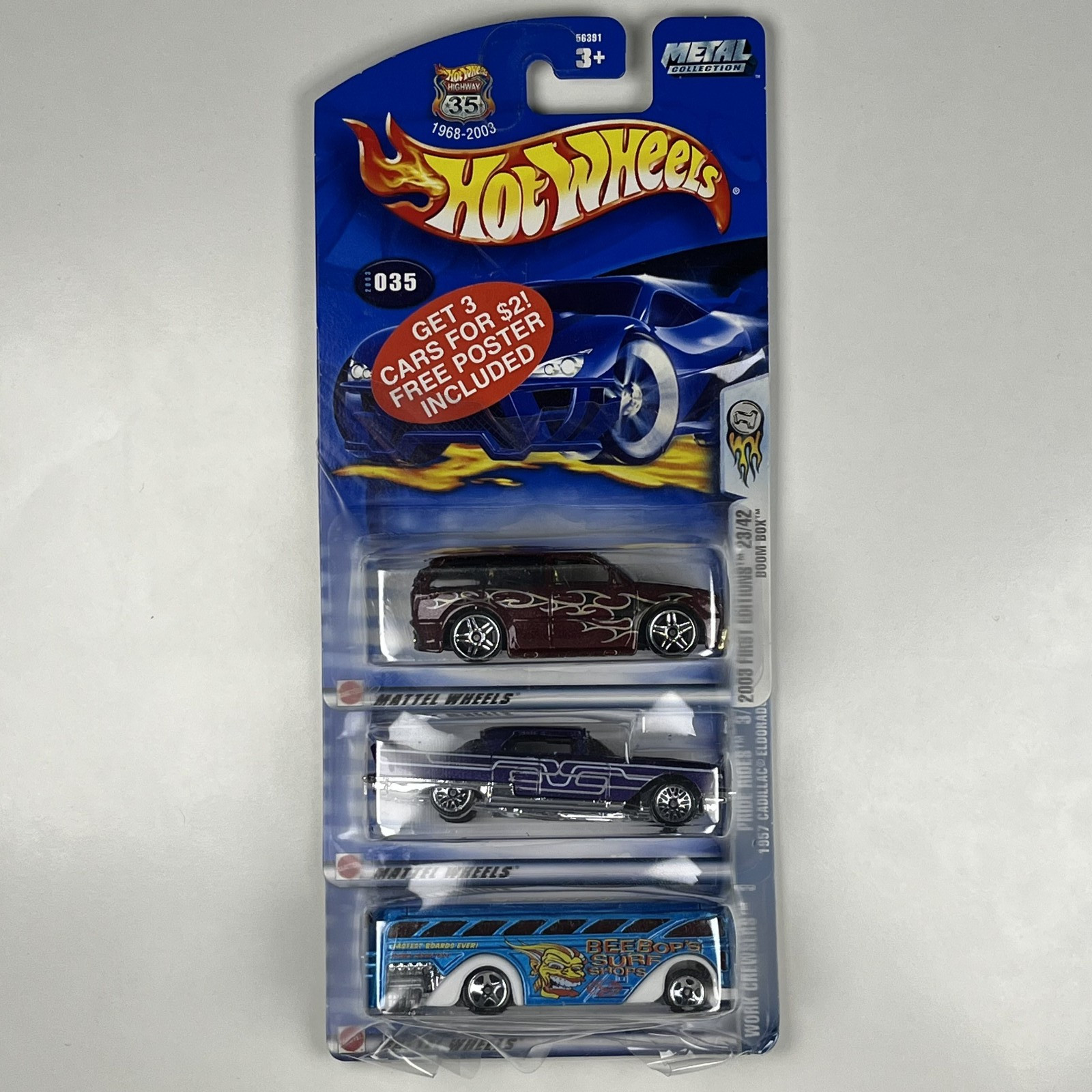 Hot Wheels 2003 - Lot of 3 - Boom Box, 1957 Cadillac Eldorado, Bus