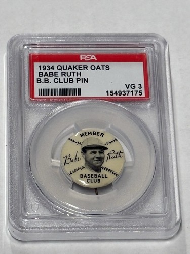 1934 BABE RUTH Baseball Club Pin QUAKER OATS PSA 3