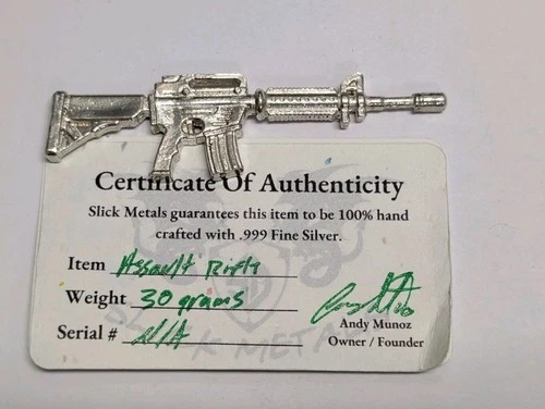 Slick Metals .999 Silver 30 Gram Hand Pour Assault Rifle M16 With COA