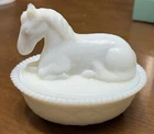 Vintage Westmoreland Milk Glass Horse On Nest Pony Resting Covered Animal Dish