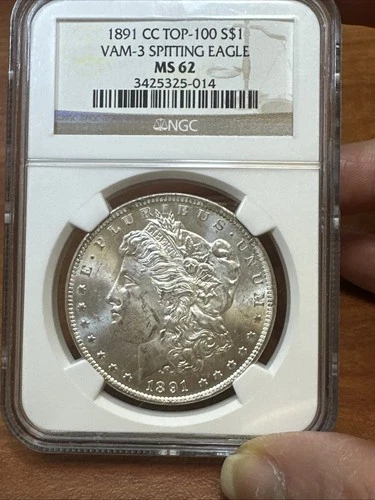 1891 CC TOP-100 MORGAN SILVER DOLLAR VAM-3 SPITTING EAGLE NGC MS 62