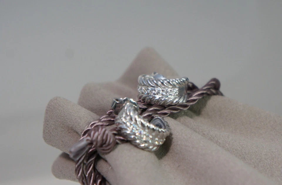 David Yurman Pave Diamond  Huggie Hoop Cable 925 Sterling 585 Earrings DY Pouch - Image 4 of 4