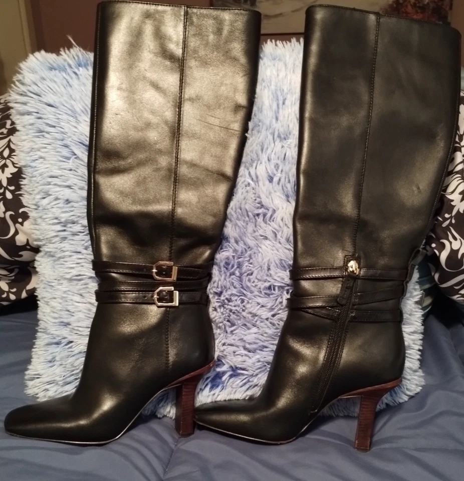 Louise et cie yancey Hebilla Correa Tacón Alto Botas Cuero Negro Talla 6.5 Foto 3 de 4