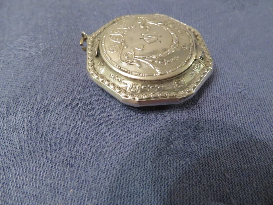 ancien poudrier chatelaine argent massif  boite à pilules Miroir monogrammé CM - Photo 3/4