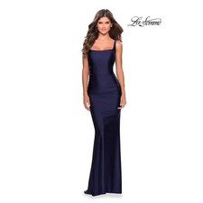 La Femme Navy Blue Ruched Square Neck Sleeveless Prom Formal Evening Gown Size 6