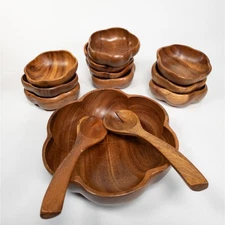 Leilani Monkey Pod Wood Salad Bowl Set 10 Bowls, 1 Serving Bowl w/ Fork & Spoon