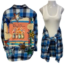 Christian Religious Flannel Shirt Womens XL Shacket Upcycled Art Cottage Blue