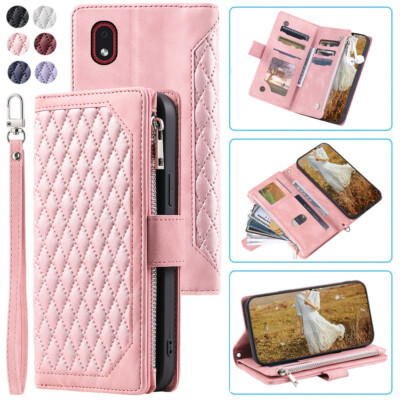 Luxury Rhombic Wallet Case,Leather Zipper Flip Card Case For Samsung A01 Core